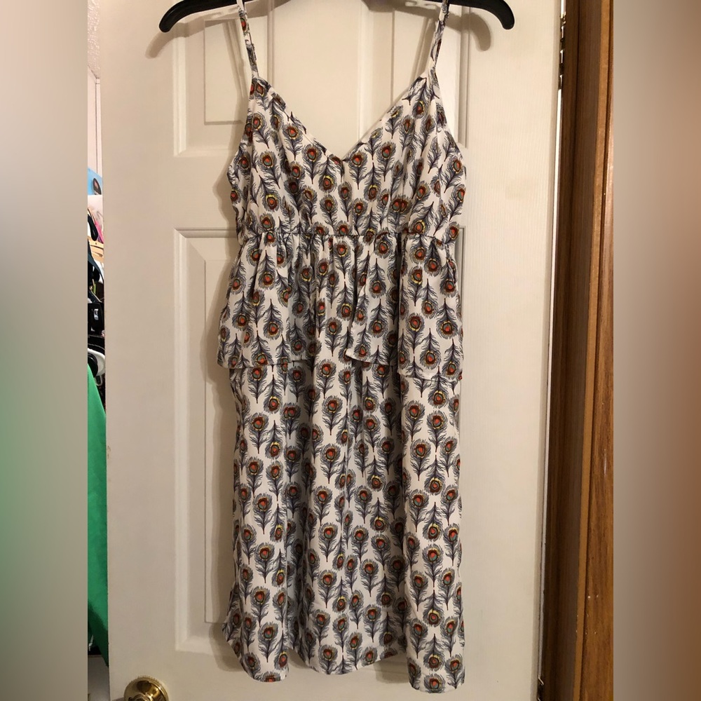 Oat + fawn peacock print dress